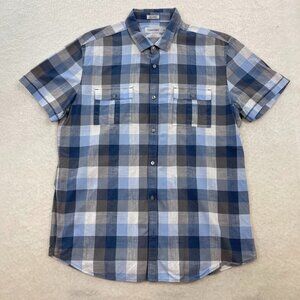 Calvin Klein Short-Sleeve Bodyfit Cotton Blue & Gray Plaid Button-Down Shirt